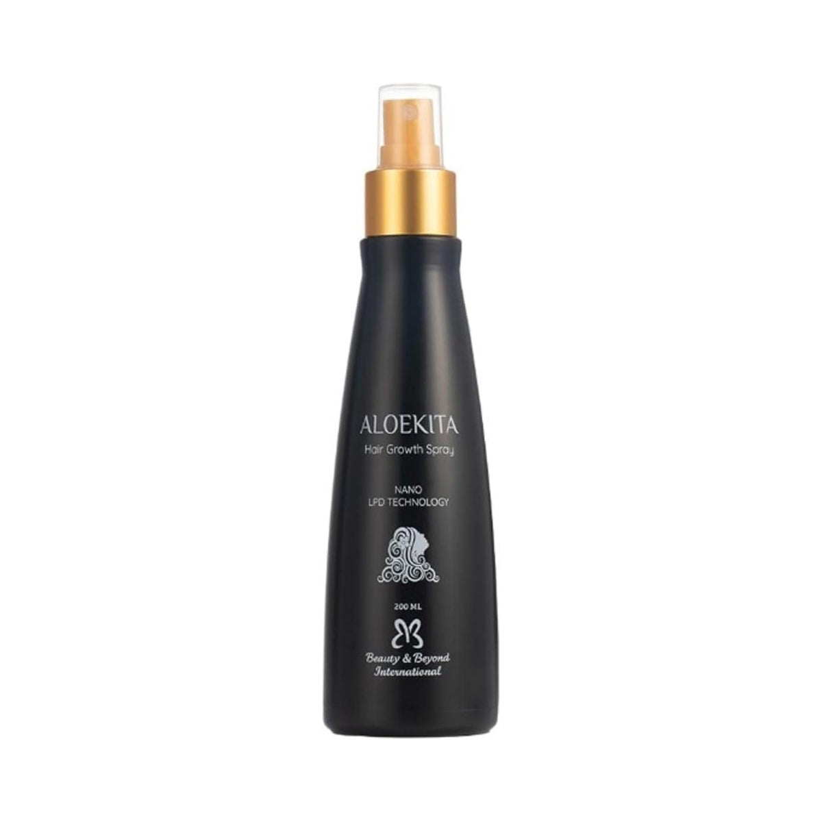 Refect Beauty Aloekita hair growth spray in a black 200ml bottle with a gold pump nozzle for scalp treatment.