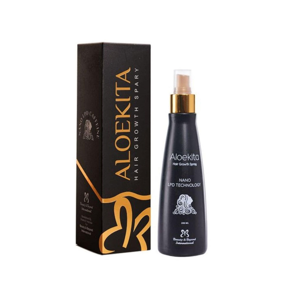 Refect Beauty Aloekita hair growth spray bottle and black packaging box with caffeine and botanical extracts