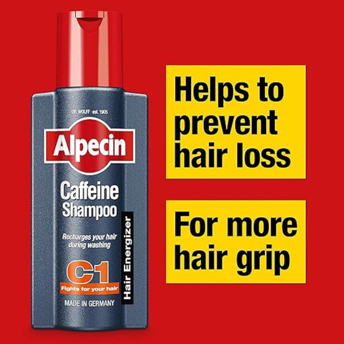 Refect Beauty Alpecin C1 Caffeine Shampoo bottle with red cap against a red background with hair care benefit text