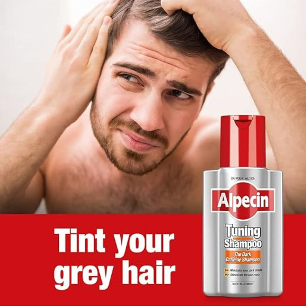 Refect Beauty Alpecin Tuning Dark Caffeine Shampoo bottle next to a man checking his hair for grey strands
