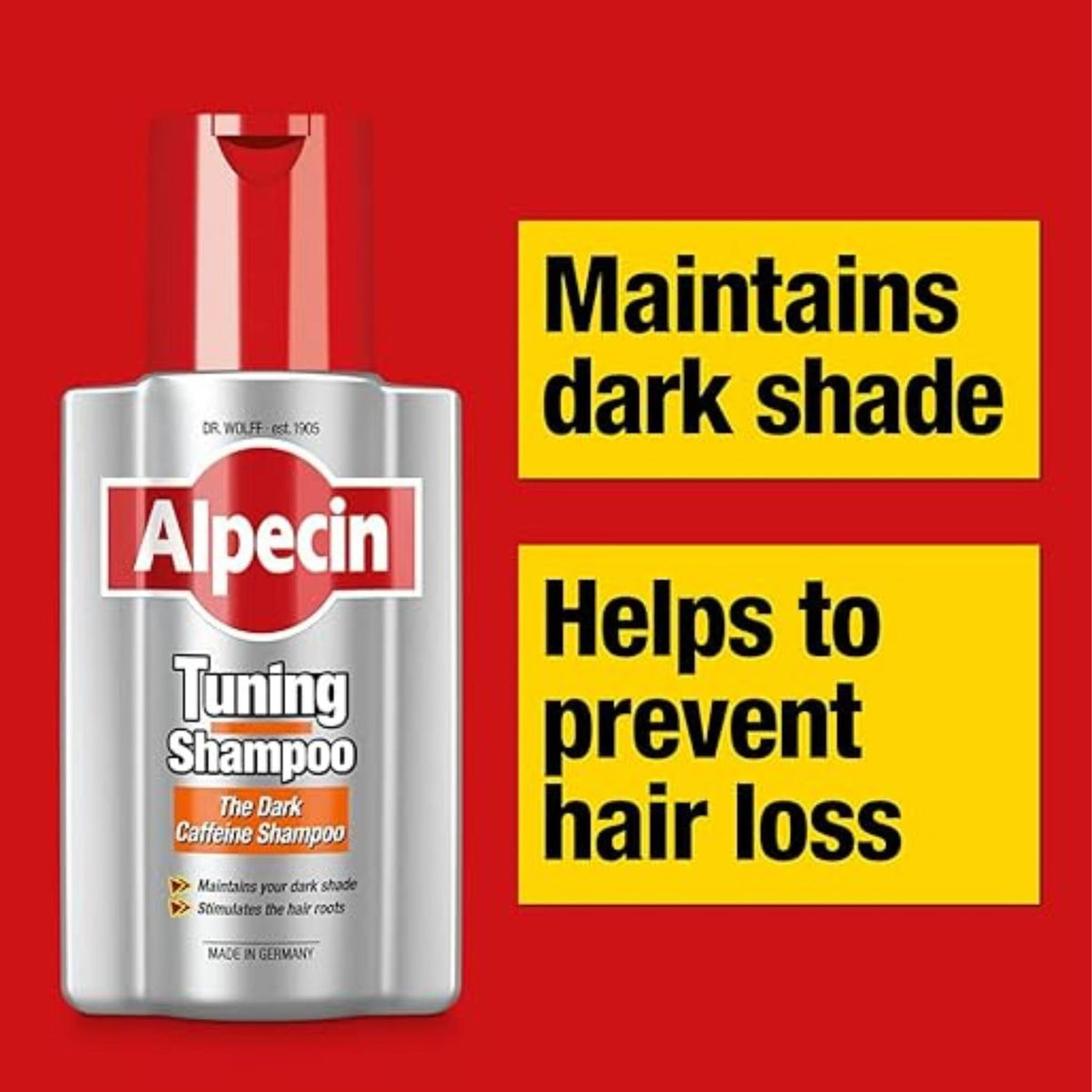 Refect Beauty Alpecin Tuning Dark Caffeine Shampoo bottle against a red background with text highlighting hair benefits