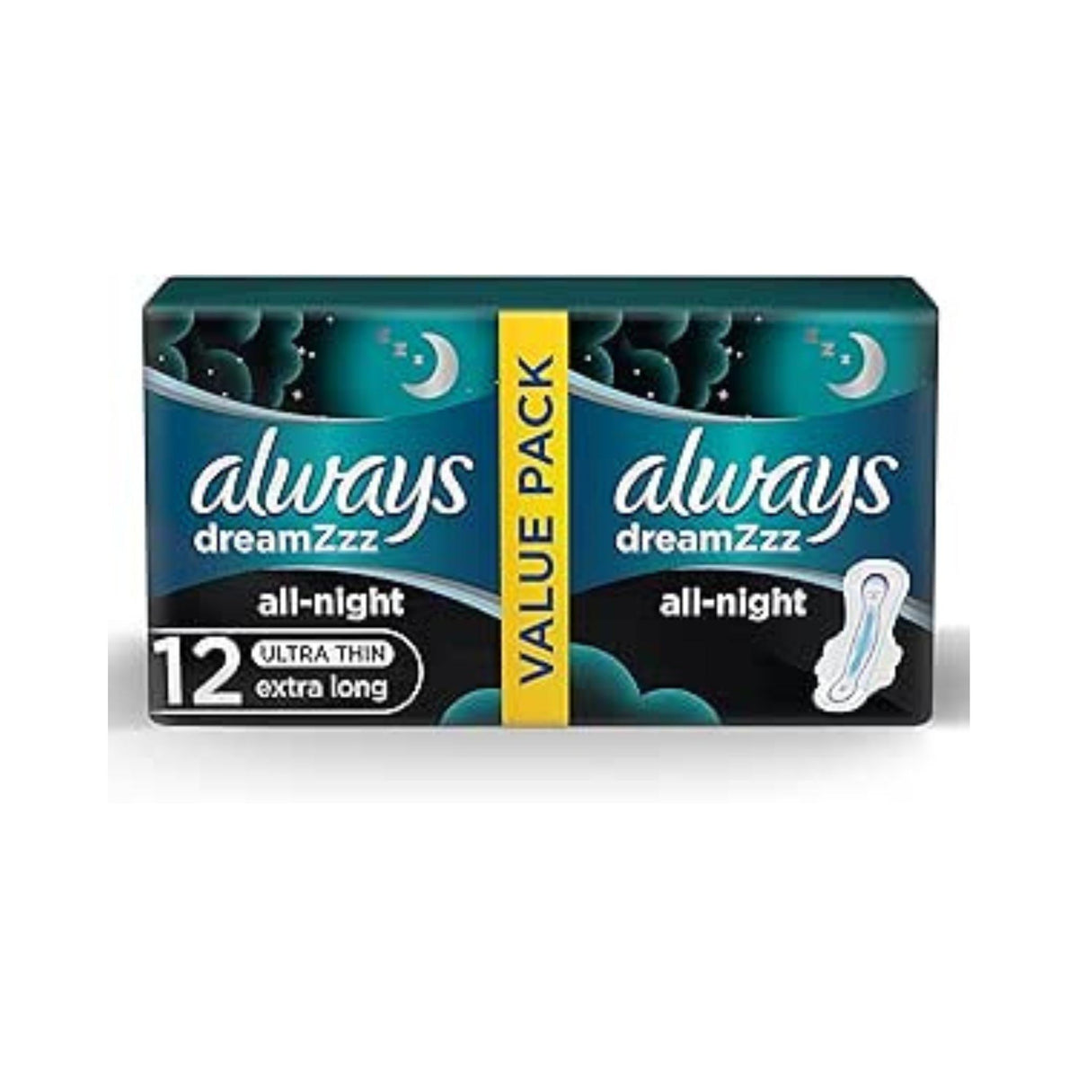 Refect Beauty Always Dreams Night extra long sanitary pads 12 pack in dark blue packaging for overnight protection Main image