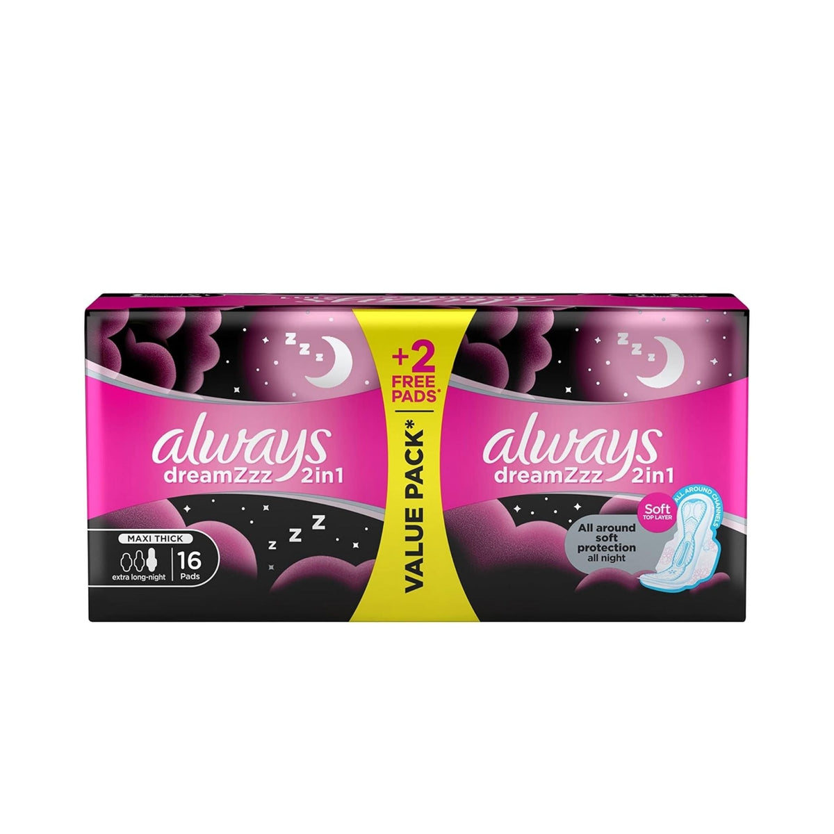 Refect Beauty Always Dreamzzz maxi thick extra long night sanitary pads in a 16-count value pack with purple design Main image