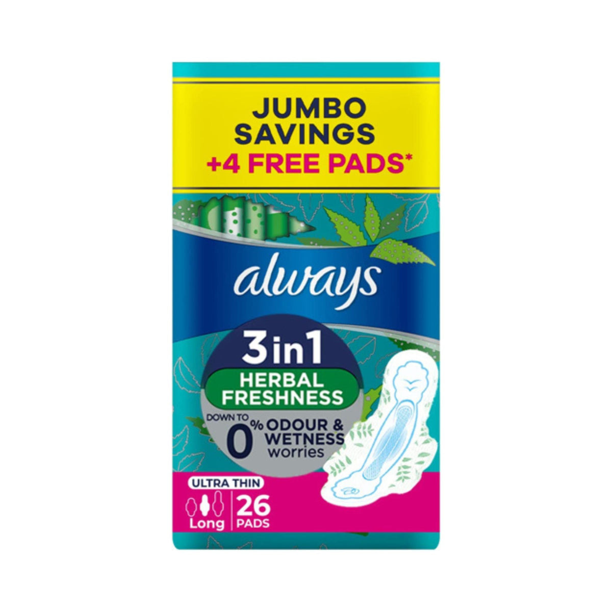 Refect Beauty Always Ultrathin Herbal Freshness sanitary pads pack with 26 long pads and 4 free bonus pads.