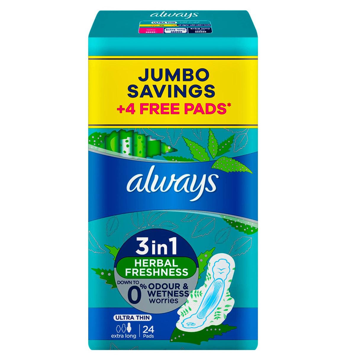 Refect Beauty Always Ultra Extra Long Herbal sanitary pads jumbo pack with 24 absorbent pads and fresh scent