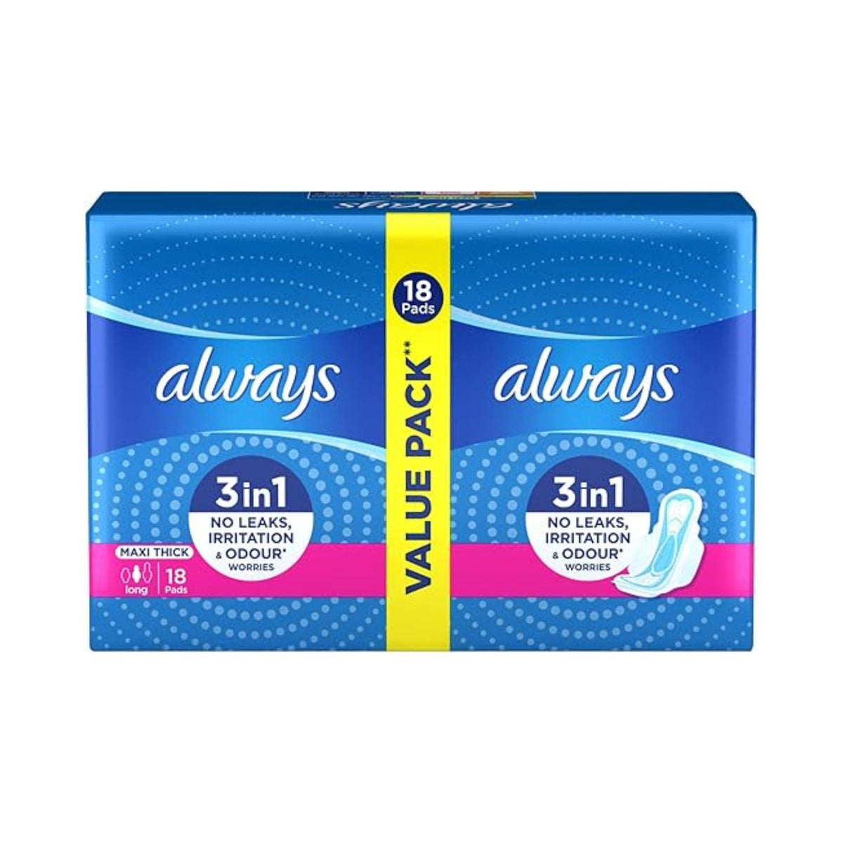 Refect Beauty Always Max Dry & Cool double long sanitary pads value pack with 18 absorbent pads for heavy flow. Main image
