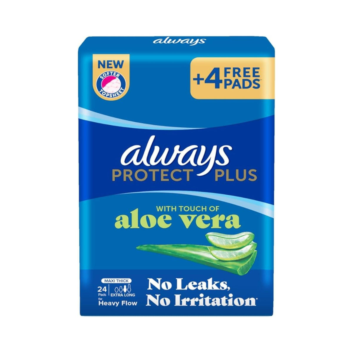 Refect Beauty Always Max Protect Plus extra long sanitary pads with aloe vera for heavy flow in a 24-pad bundle pack.