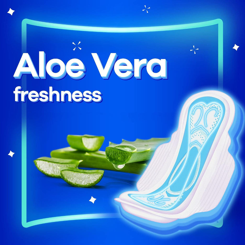 Refect Beauty Always Maxi Thick Extra Long sanitary pad with Aloe Vera freshness on a blue background