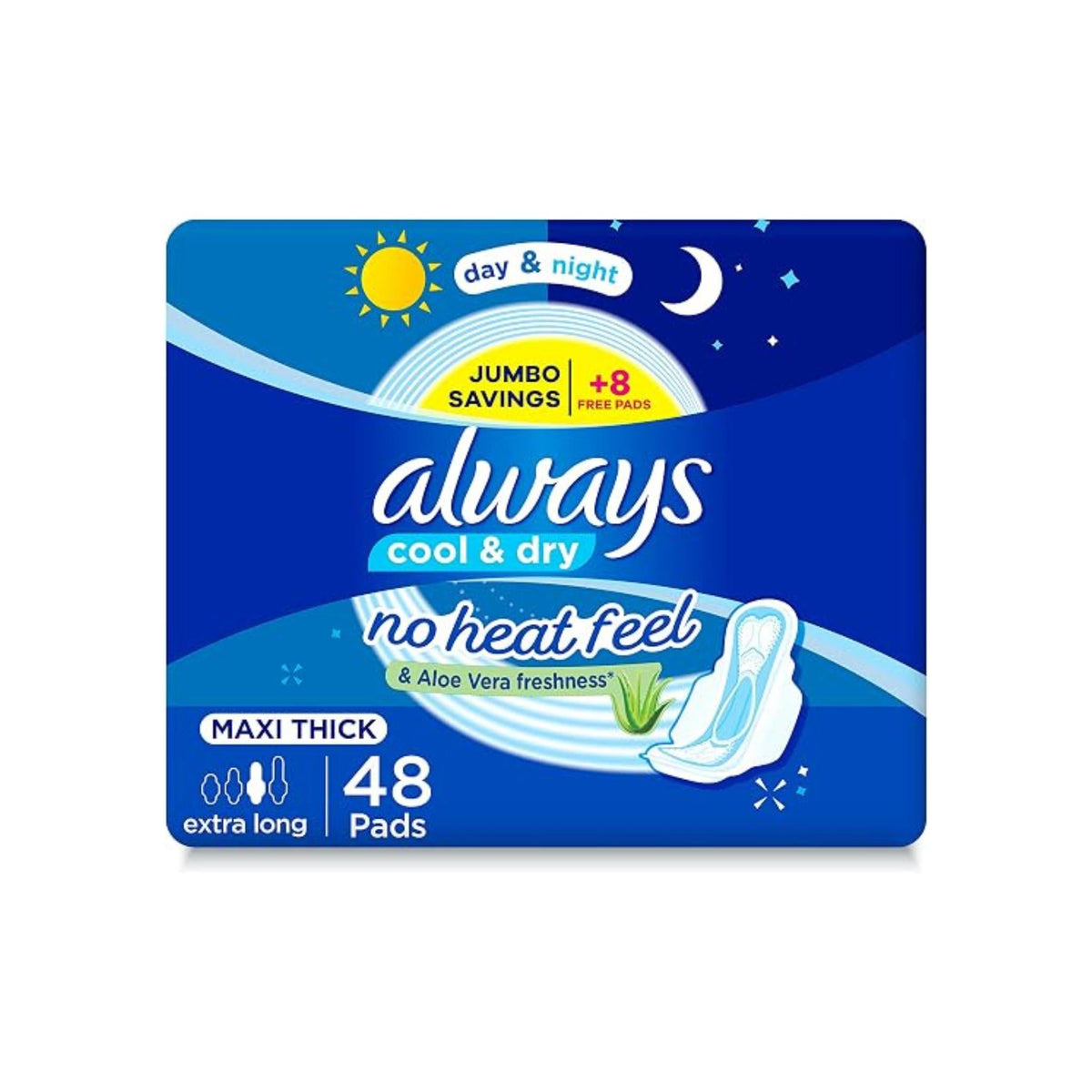 Refect Beauty Always Maxi Thick Extra Long sanitary pads pack with 48 count, featuring cool and dry aloe vera comfort. Main image