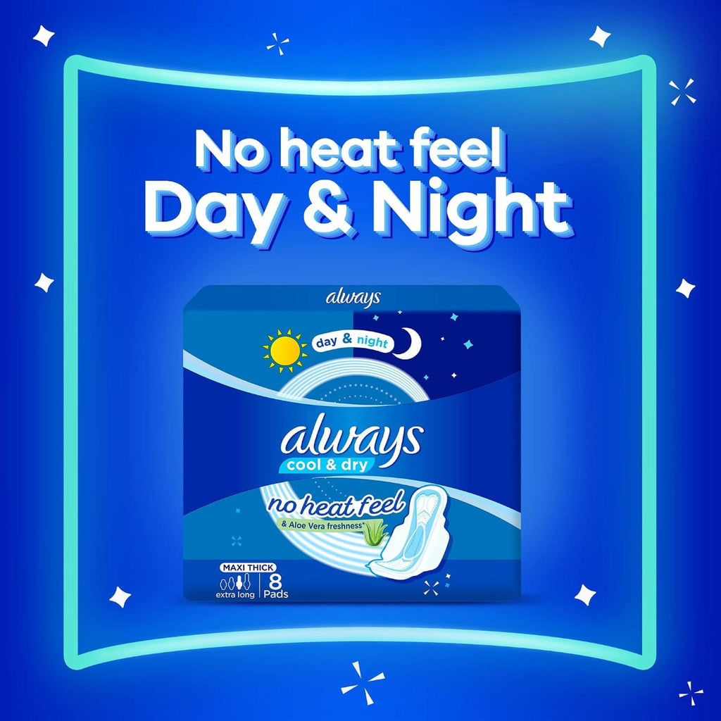 Refect Beauty Always Maxi Thick Extra Long Cool & Dry sanitary pads pack with day and night protection features.