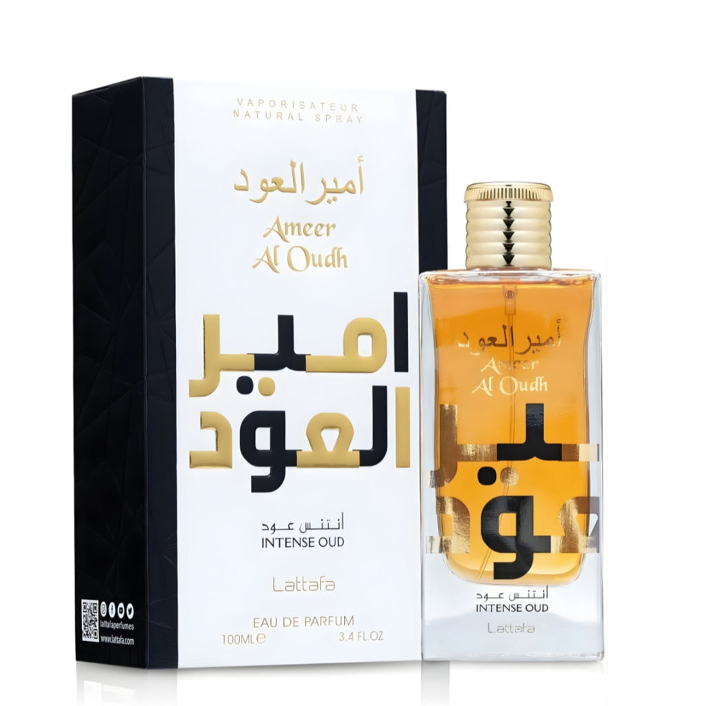 Refect Beauty Lattafa Amir El Oud Intense Oud Eau de Parfum bottle and box with gold and black elegant packaging