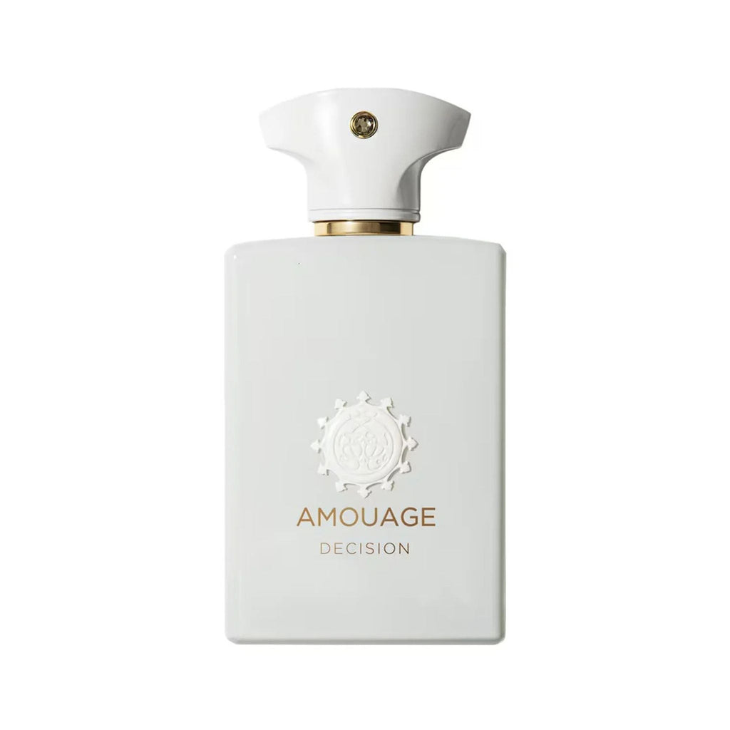 Refect Beauty Amouage Decision Eau de Parfum in a sleek white bottle with gold lettering and a signature emblem.