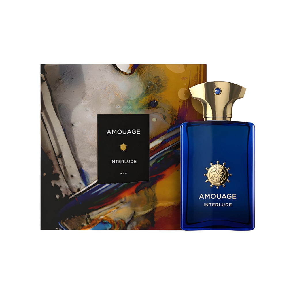 Refect Beauty AMOUAGE Interlude Man Eau de Parfum in a deep blue glass bottle with a gold cap and abstract box art.
