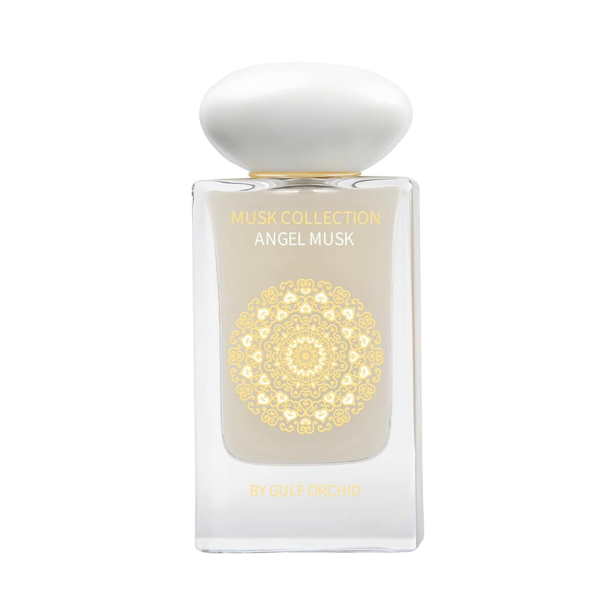Refect Beauty Gulf Orchid Angel Musk Eau de Parfum in a clear glass bottle with a white cap and gold mandala design.