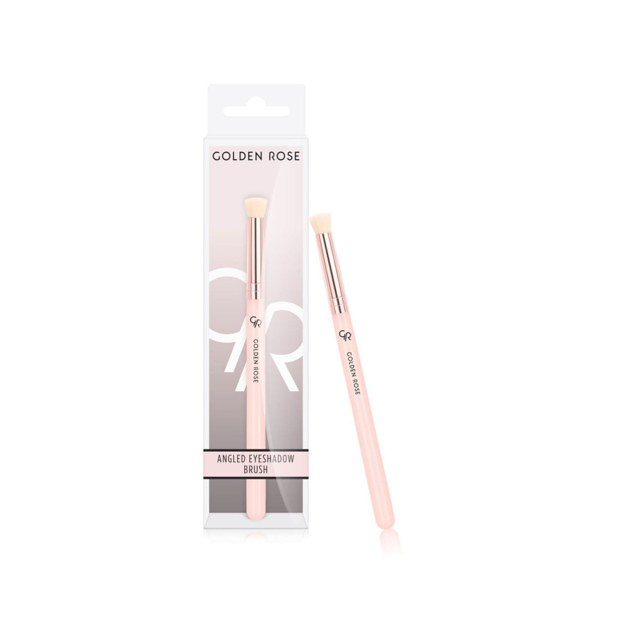 Refect Beauty Golden Rose angled eyeshadow brush with soft synthetic bristles and a light pink handle in packaging.