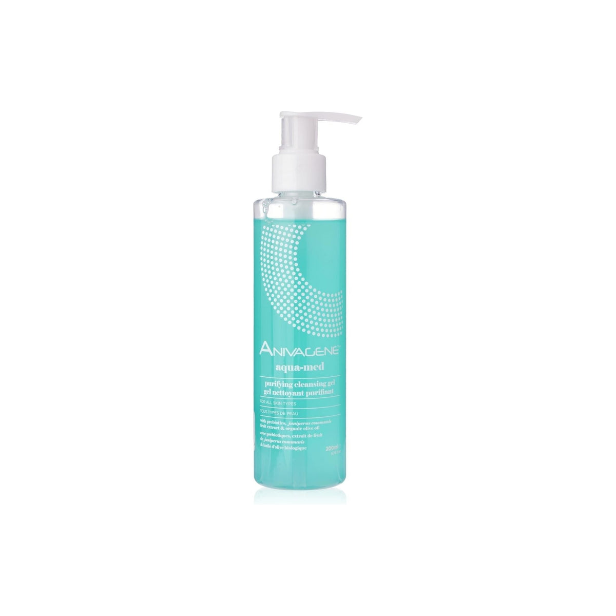 Refect Beauty Anivagene Aqua-Med purifying cleansing gel in a 200ml clear pump bottle with turquoise label