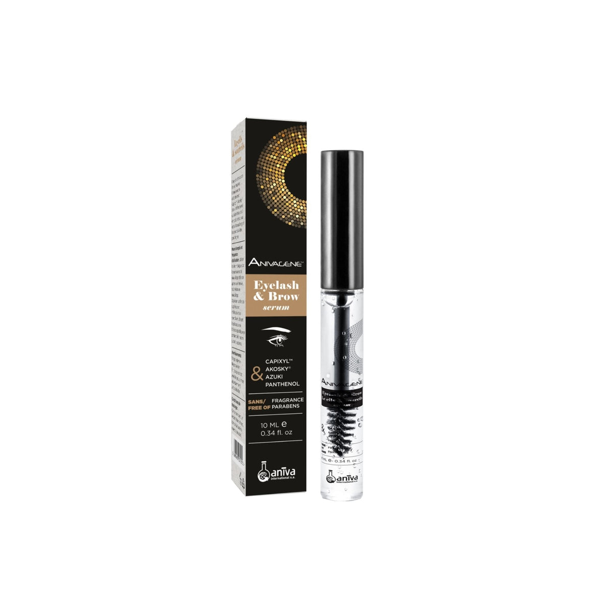Refect Beauty Anivagene Eyelash & Brow Serum in a clear tube with a black cap next to its branded product box.