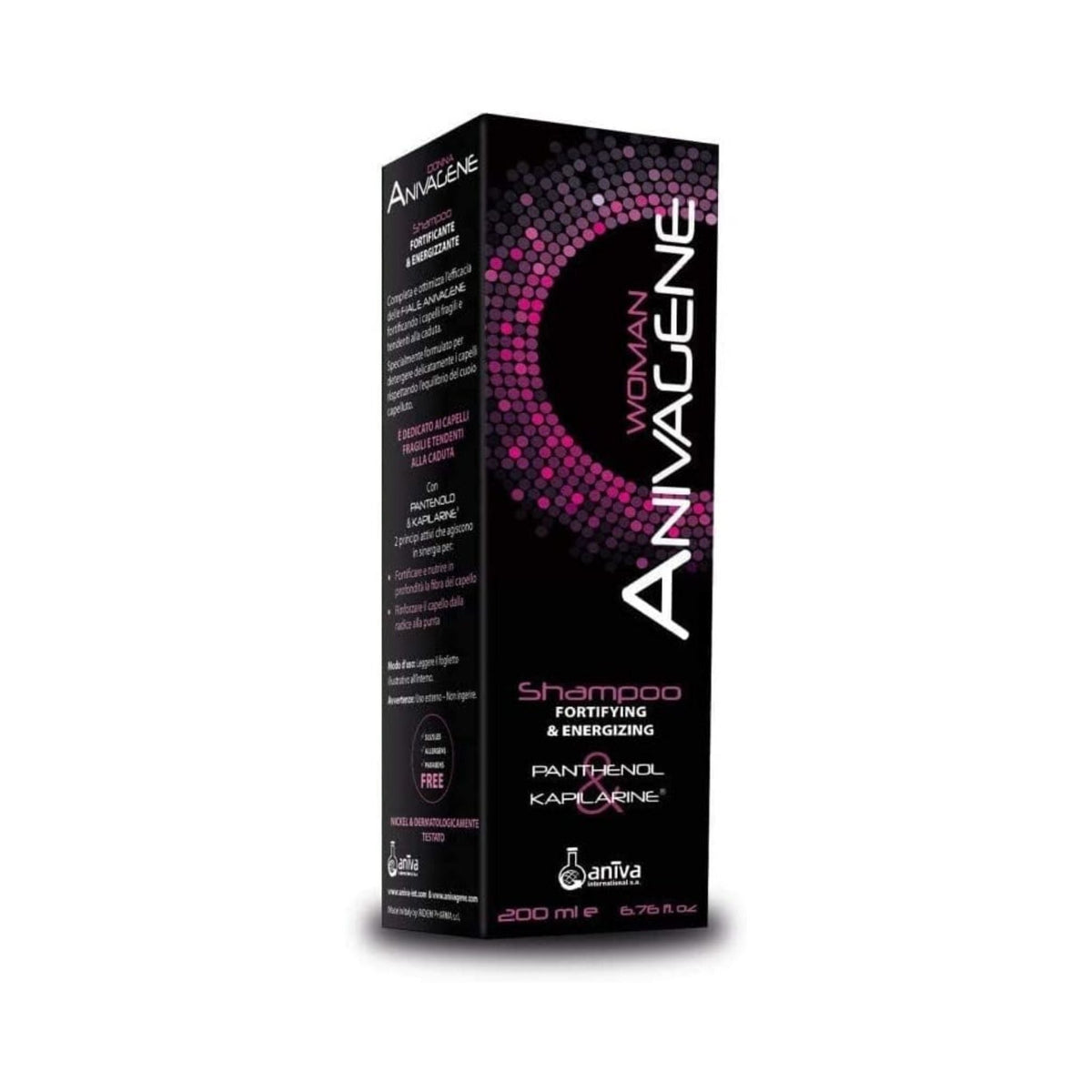 Refect Beauty Anivagene fortifying and energizing shampoo for women in a black 200ml bottle for thinning hair.