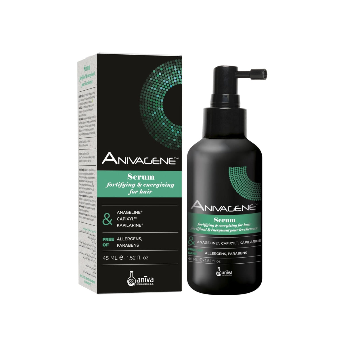 Refect Beauty Anivagene fortifying and energizing hair serum bottle with its matching black and green product box.