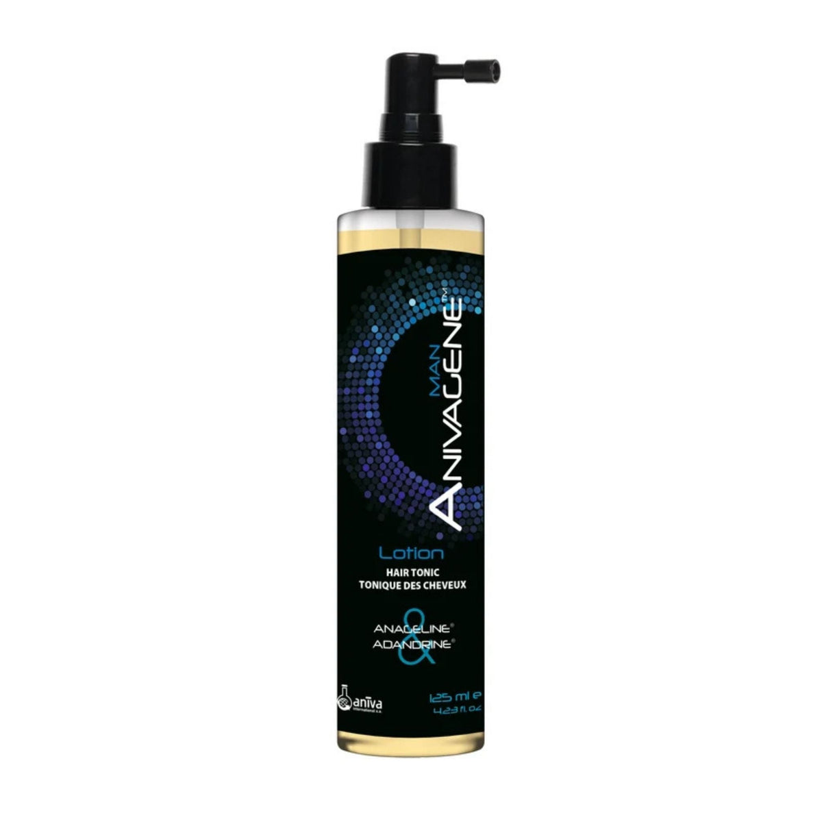 Refect Beauty Anivagene hair tonic lotion for men in a clear pump bottle with black label for scalp strengthening