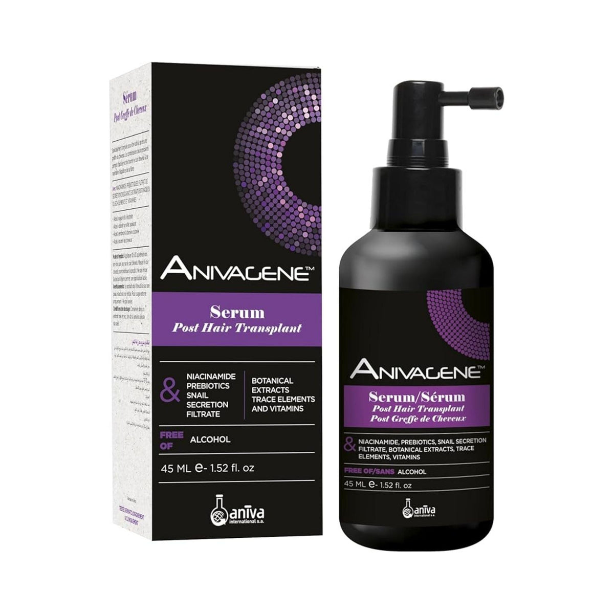 Refect Beauty Anivagene Post Hair Transplant Serum bottle and packaging box with purple and black design Main image