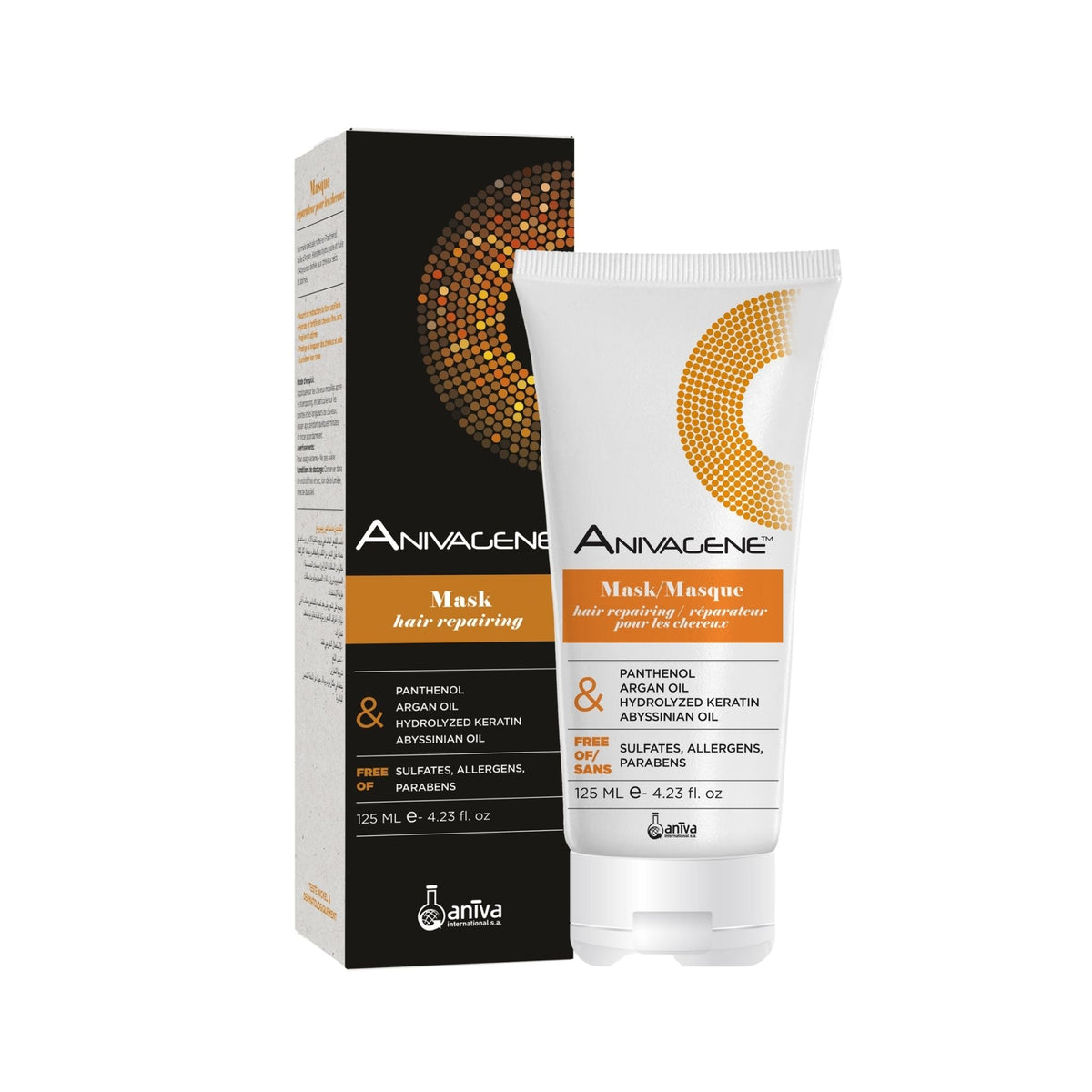 Refect Beauty Anivagene Repairing Hair Mask in a white squeeze tube with orange accents and its matching product box.