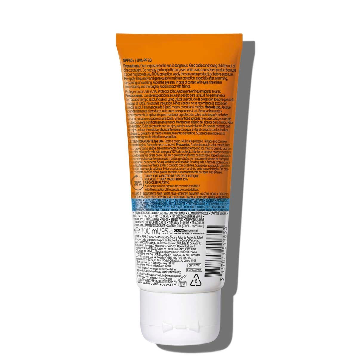 Back of Refect Beauty La Roche-Posay Anthelios Hydrating Lotion SPF 50+ tube showing ingredients and usage instructions