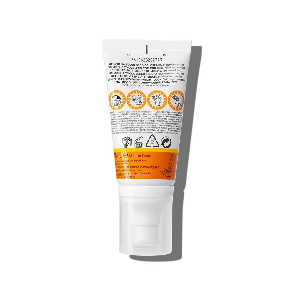 Back view of Refect Beauty La Roche-Posay Anthelios XL tinted dry touch gel-cream SPF50+ tube with product details.
