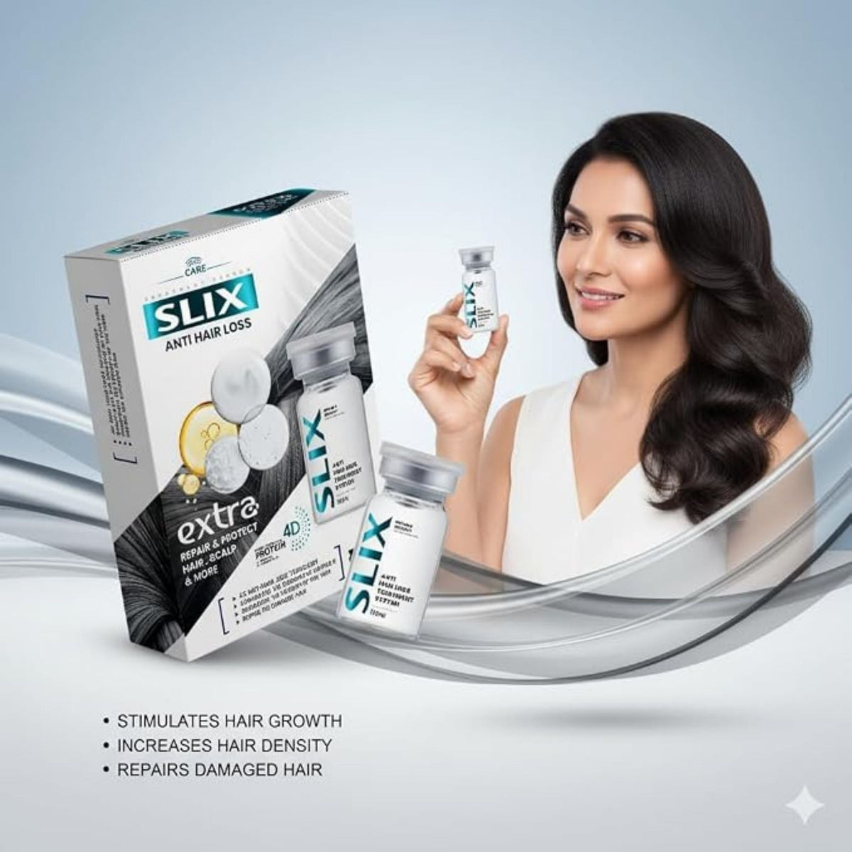 Refect Beauty Afro Silex hair loss treatment ampoules with a woman holding a vial for scalp growth and repair.