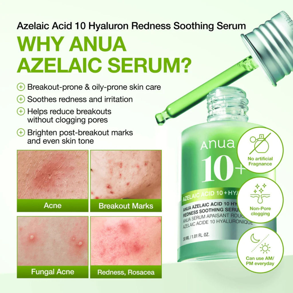 Refect Beauty Anua Azelaic Acid 10 Hyaluron serum bottle with dropper, featuring skincare benefits and skin concerns.