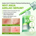 Refect Beauty Anua Azelaic Acid 10 Hyaluron serum bottle with dropper, featuring skincare benefits and skin concerns.