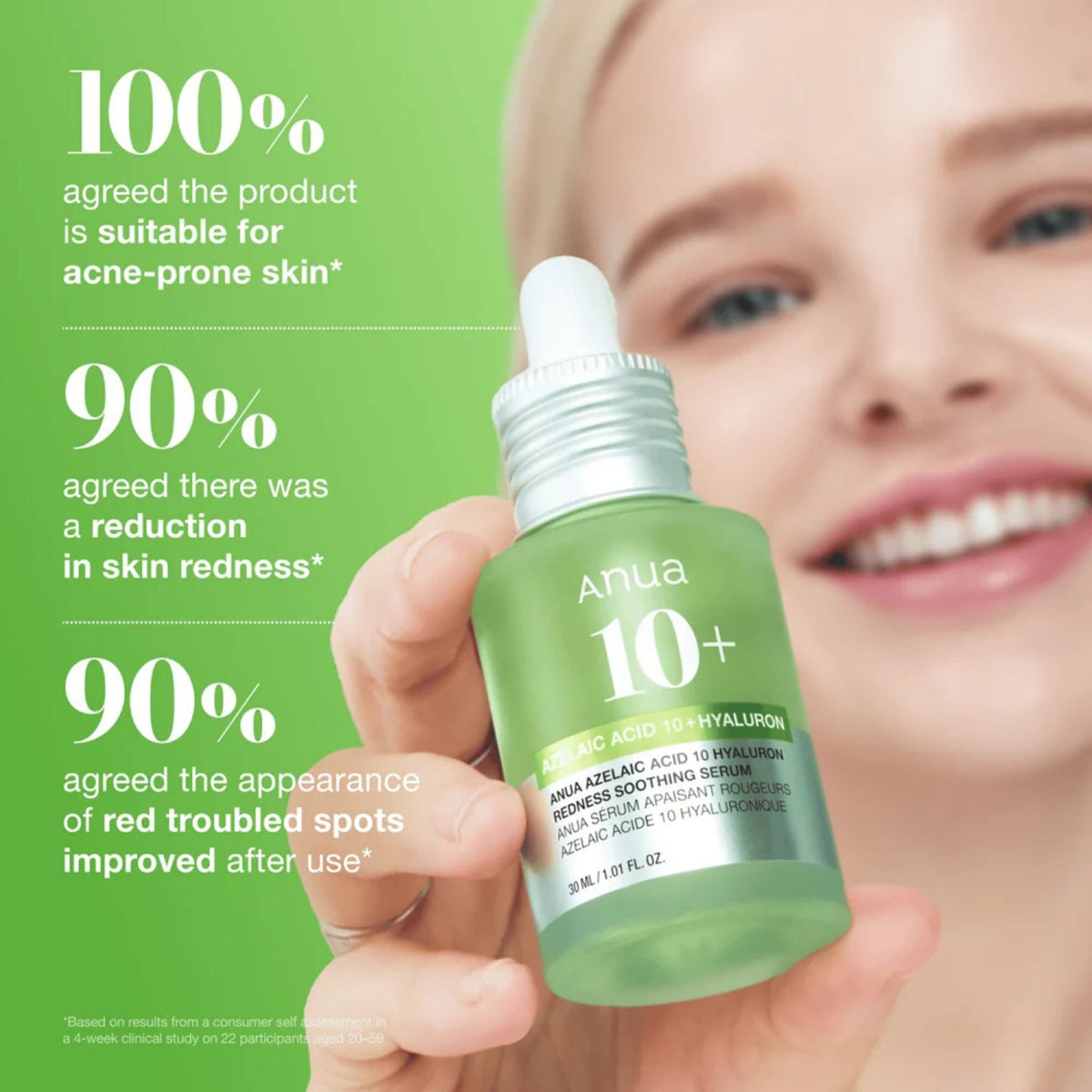 Refect Beauty Anua Azelaic Acid 10 Hyaluron serum bottle held by a woman with clear skin against a green background