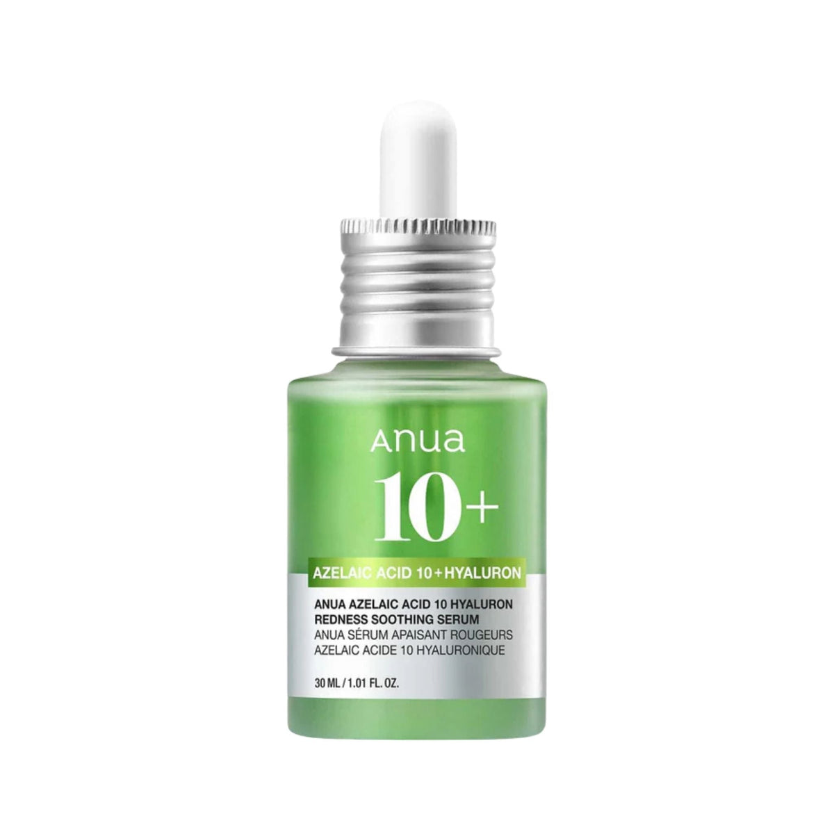 Refect Beauty Anua Azelaic Acid 10 Hyaluron serum in a green glass bottle with a dropper for soothing redness.