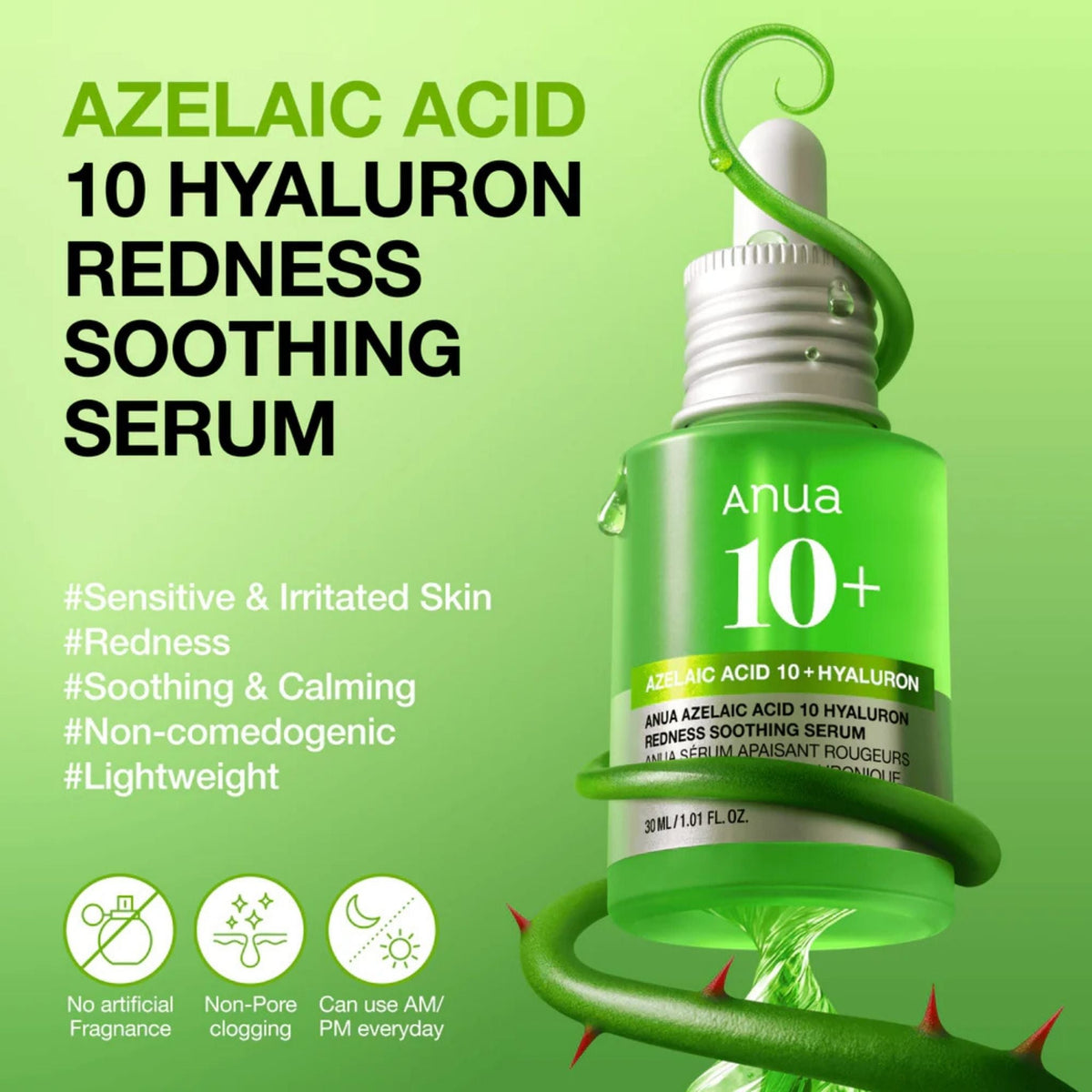 Refect Beauty Anua Azelaic Acid 10 Hyaluron soothing serum bottle with green botanical accents for sensitive skin