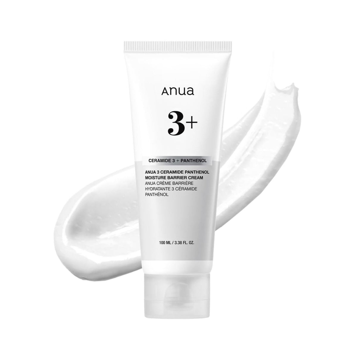 Refect Beauty Anua 3+ Ceramide 3 and Panthenol face cream in a white squeeze tube with a smear of cream behind it.