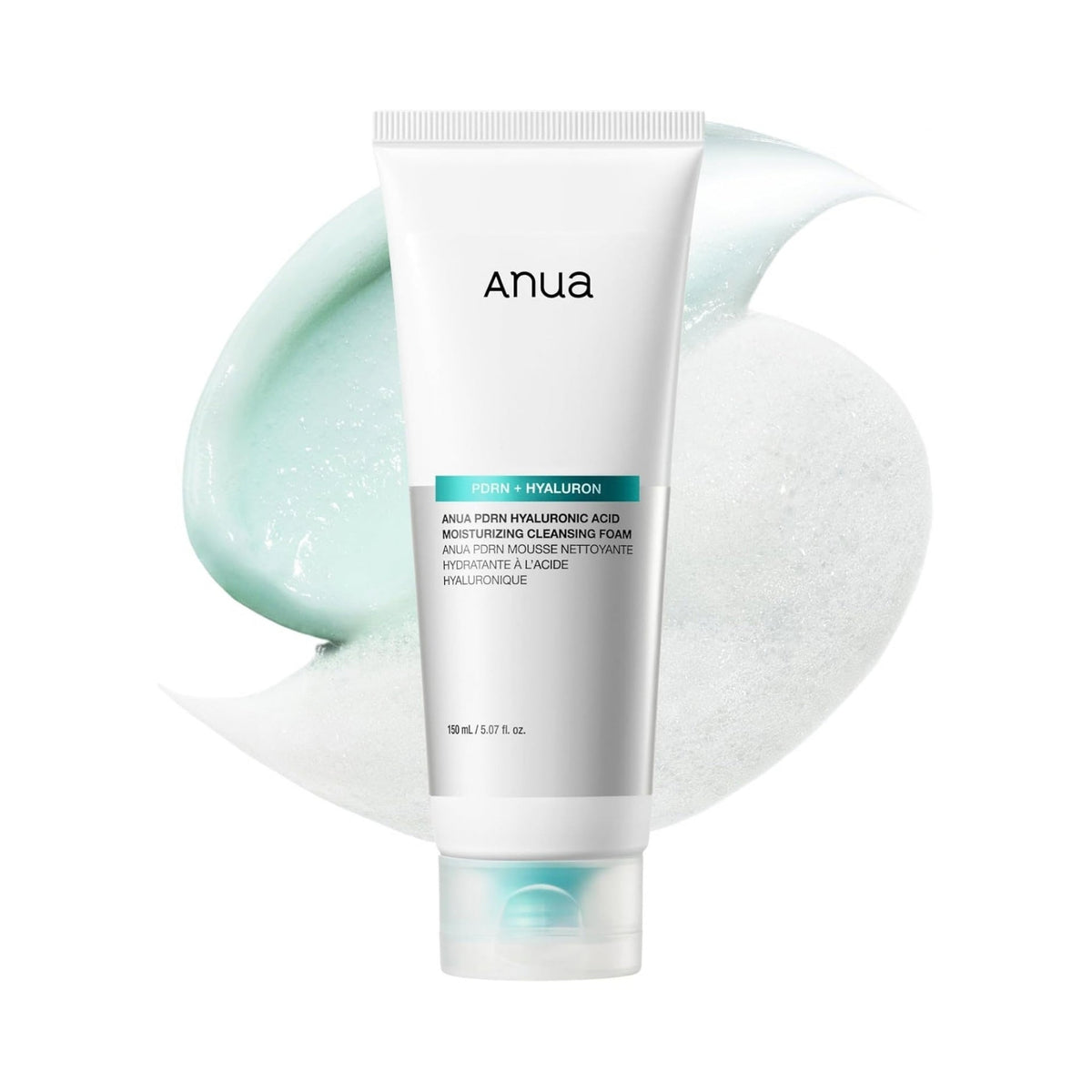 Refect Beauty Anua PDRN Hyaluronic Acid Moisturizing Cleansing Foam in a white tube with a rich, creamy lather.