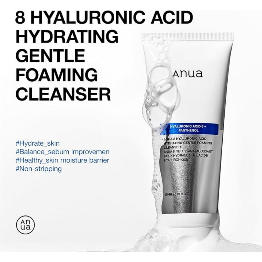 Refect Beauty Anua Hyaluronic Acid 8 + Panthenol Gentle Foaming Cleanser in a white tube with rich cleansing foam.