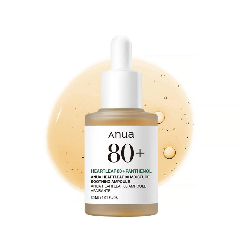 Refect Beauty Anua Heartleaf 80% Moisture Soothing Ampoule in a clear glass dropper bottle with amber serum background