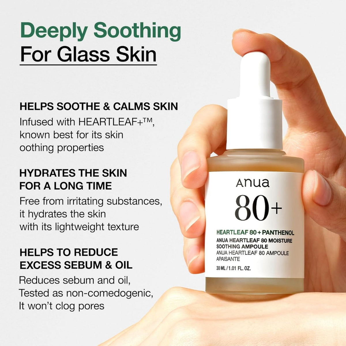 Refect Beauty Anua Heartleaf 80% Moisture Soothing Ampoule held in hand, featuring a dropper bottle for skincare.