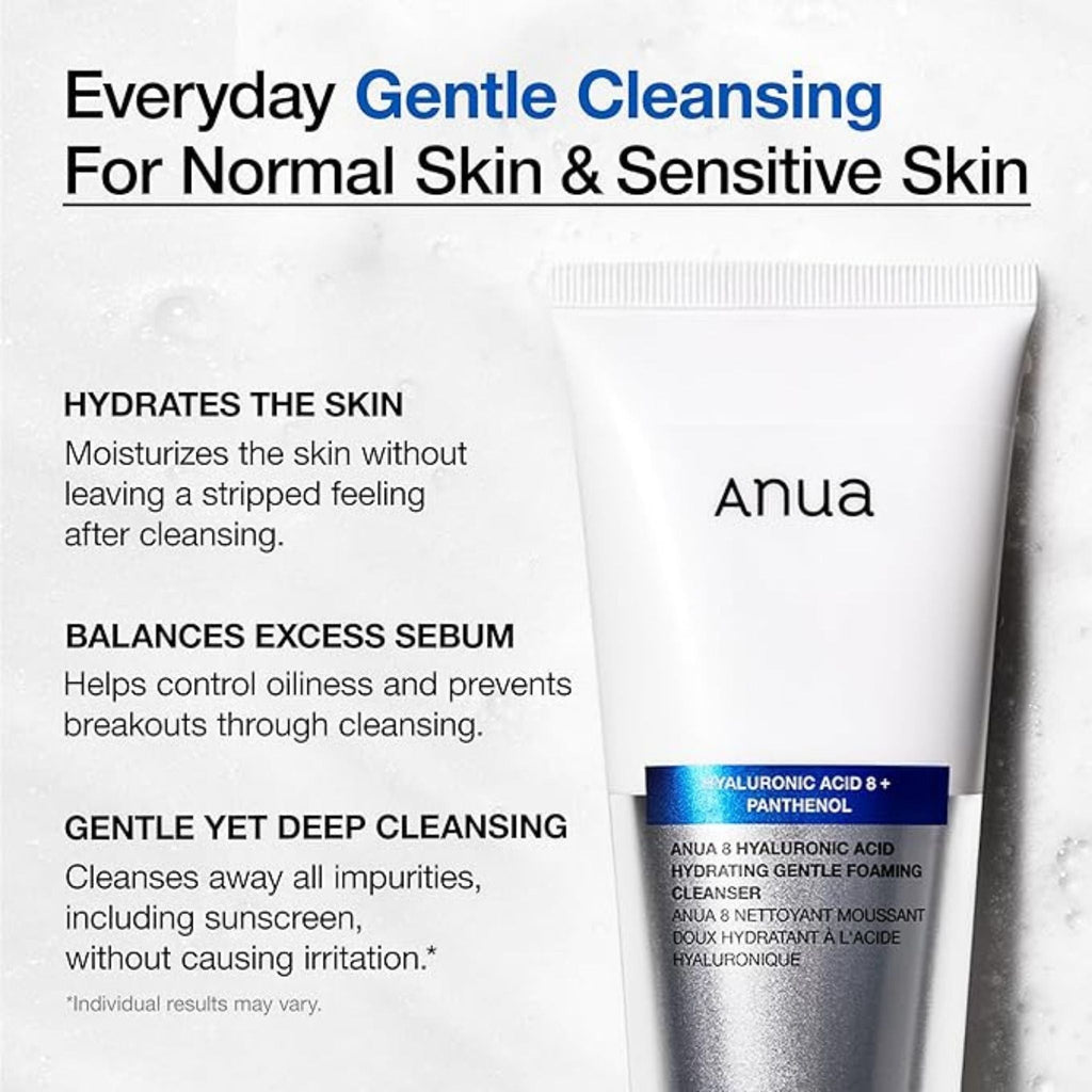 Refect Beauty Anua Hyaluronic Acid and Panthenol gentle foaming cleanser tube for sensitive skin with description