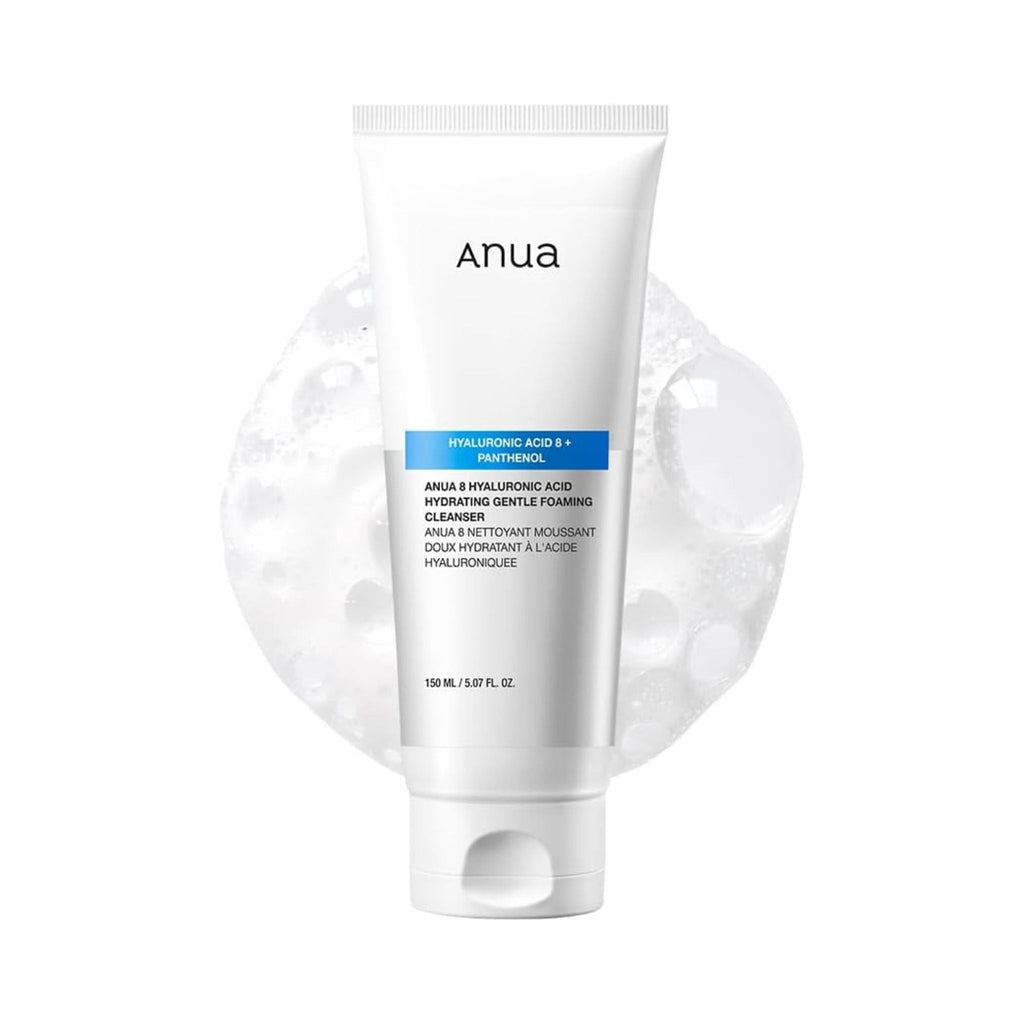 Refect Beauty Anua Hyaluronic Acid 8 + Panthenol Gentle Foaming Cleanser in a white tube with a blue accent label.