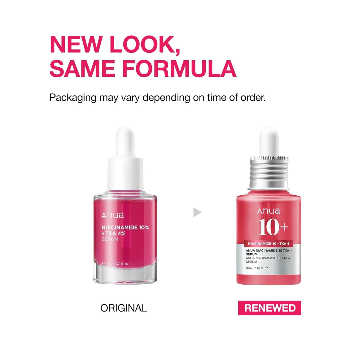 Refect Beauty Anua Niacinamide 10 + TXA 4 Serum showing original and renewed pink bottle packaging side by side