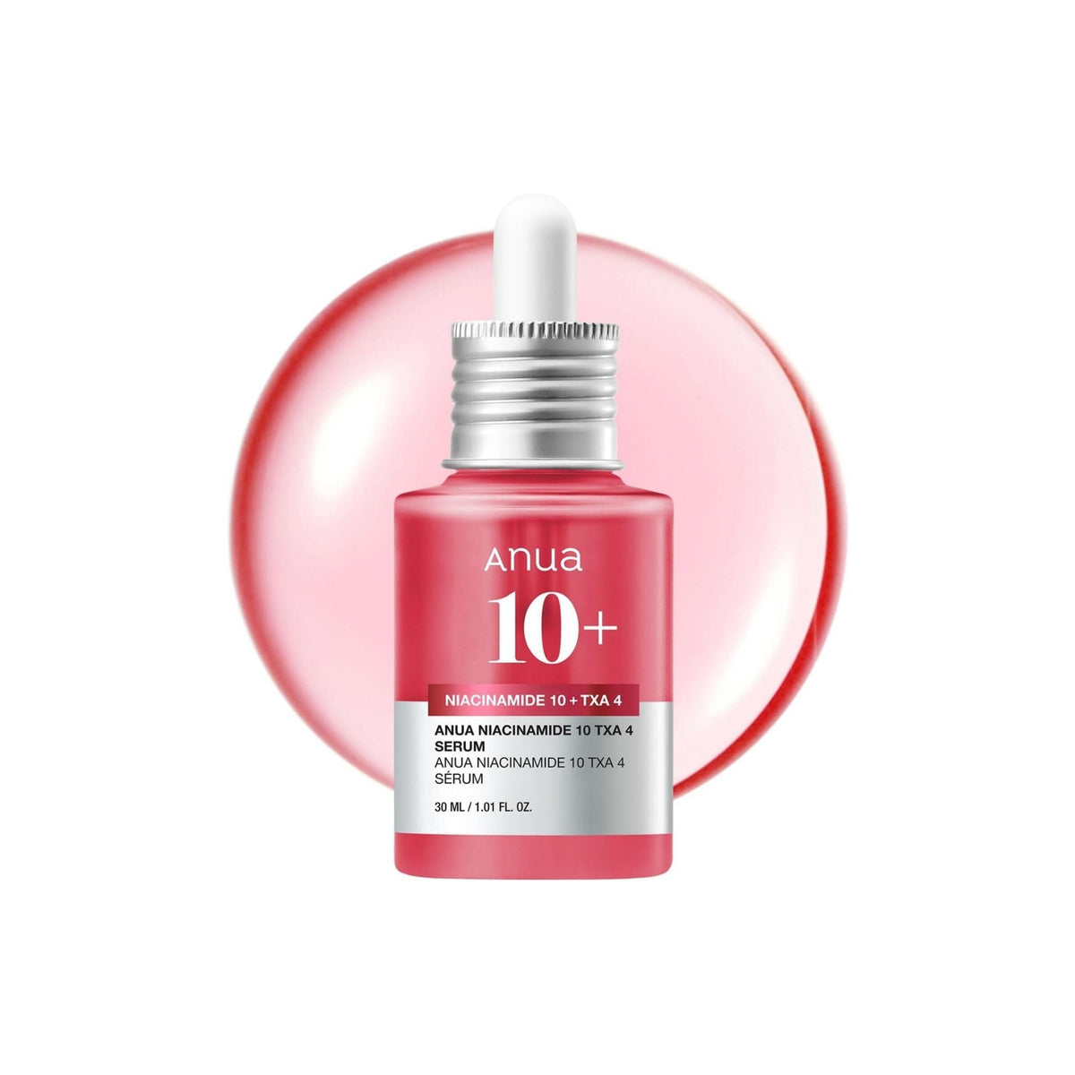 Refect Beauty Anua Niacinamide 10 + TXA 4 brightening serum in a pink glass bottle with a dropper cap