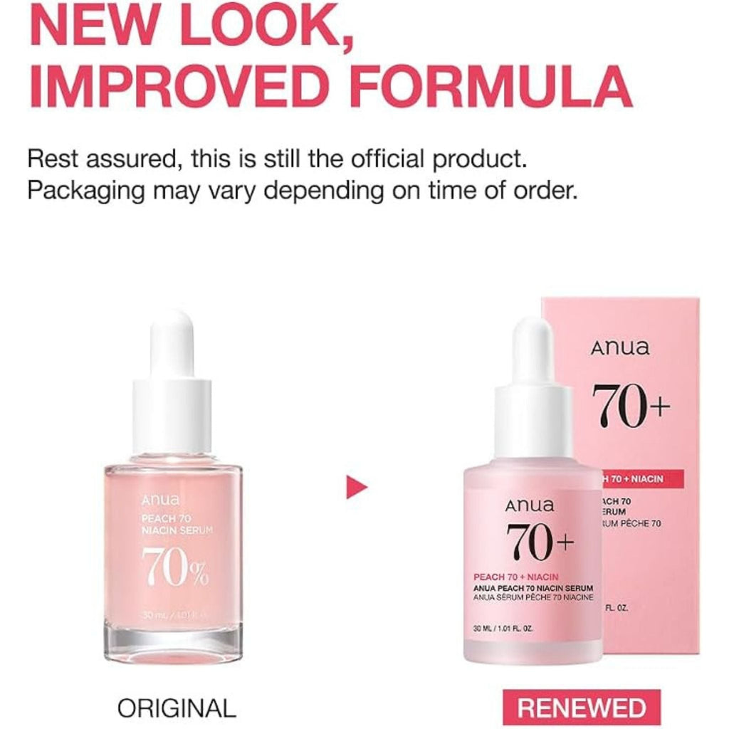 Refect Beauty Anua Peach 70% Niacin Serum showing original and renewed packaging for brightening skincare