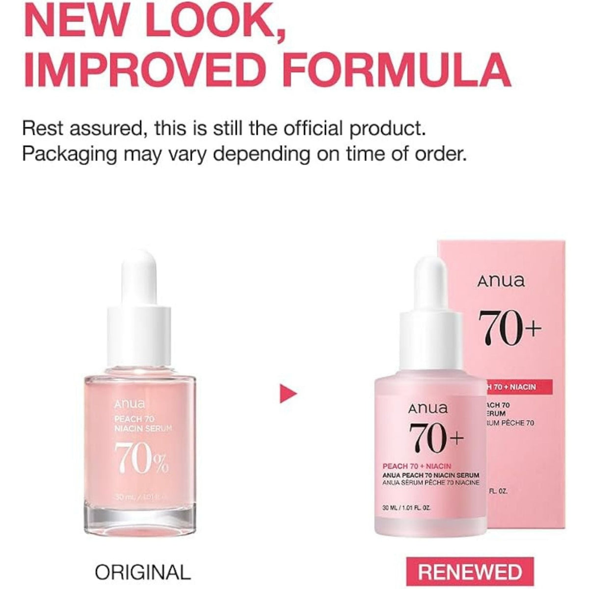 Refect Beauty Anua Peach 70% Niacin Serum showing original and renewed packaging for brightening skincare