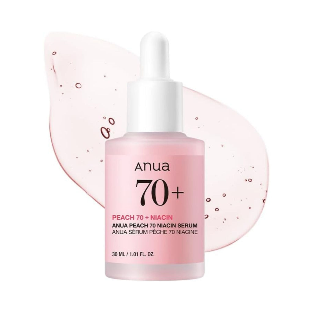Refect Beauty Anua Peach 70% Niacin Serum in a pink glass dropper bottle with a translucent peach-toned serum splash.