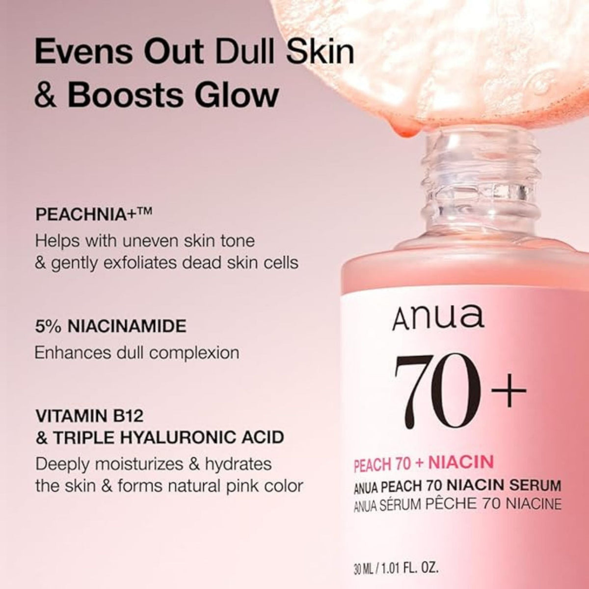 Refect Beauty Anua Peach 70% Niacin Serum bottle with pink liquid, highlighting brightening and hydrating benefits.