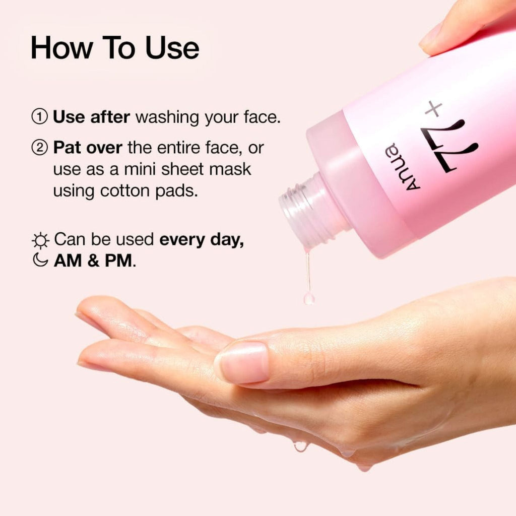 Refect Beauty Anua Peach 77 Niacin Essence Toner being poured from a pink bottle onto a hand for skincare application