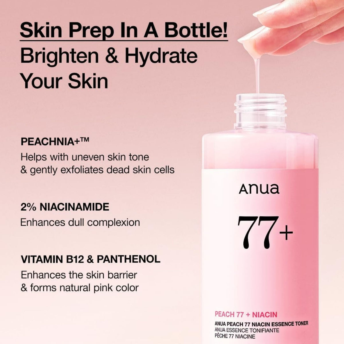 Refect Beauty Anua Peach 77 Niacin Essence Toner bottle with light pink liquid dripping from the open cap