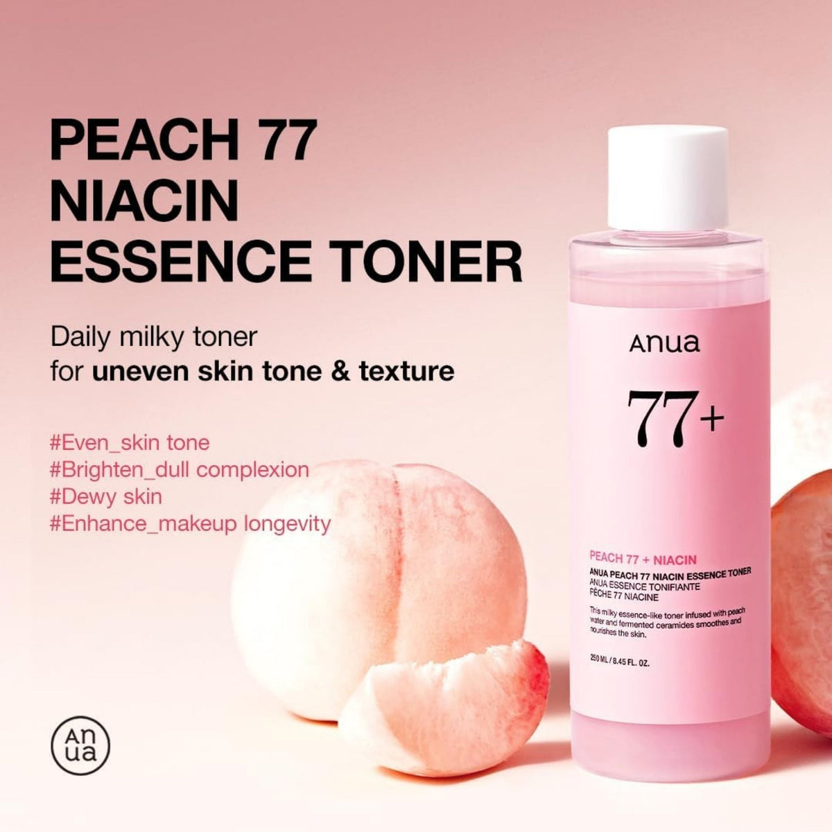 Refect Beauty Anua Peach 77 Niacin Essence Toner in a pink bottle with peach fruit, promoting smooth, dewy skin.